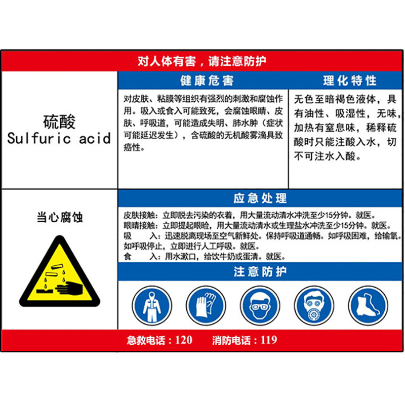 硫酸职业病危害告知卡  KCL/可兹尔  KCL256640