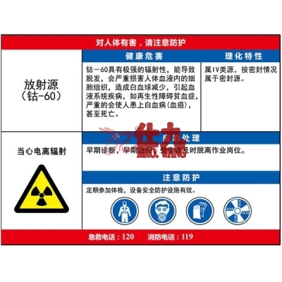 安赛瑞 SAFEWARE 14628 职业病危害告知卡（放射源钴-60)ABS板,600×450mm