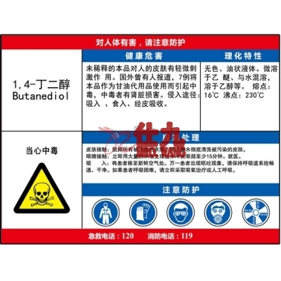 安赛瑞 SAFEWARE 14634 职业病危害告知卡（1,4-丁二醇）ABS板,600×450mm