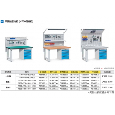 位邦重型工作台 带挂板四抽屉落地柜钳工工作桌 复合桌面1800*750*800+620